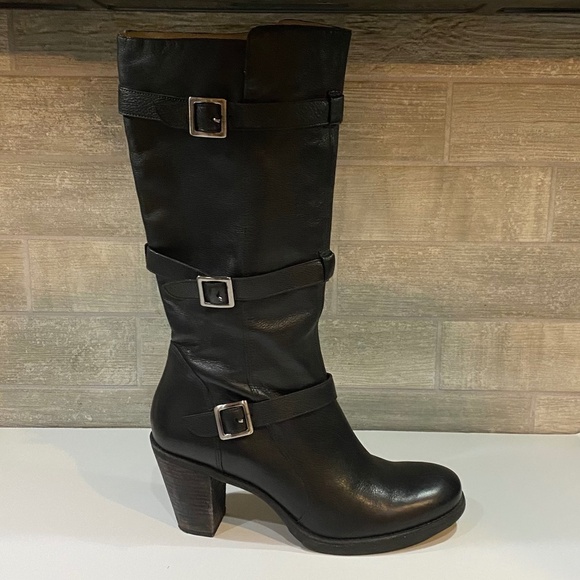 Via Spiga‎ 3 Buckle Black Leather Upper Zip Up Knee Boot Round Toe Size 11M - Picture 2 of 12